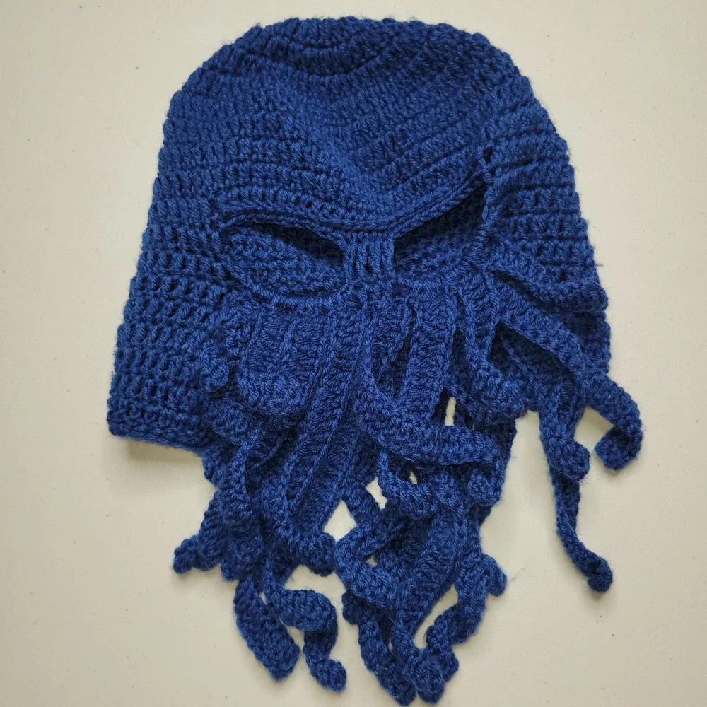 Handmade Crochet Cthulhu Balaclava Mask Blue Octopus‎ Kraken Tentacle Ski Mask